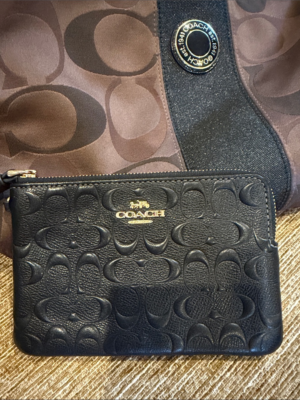 Coach Black Embossed Signature Leather Zip Pouch with Gold Logo